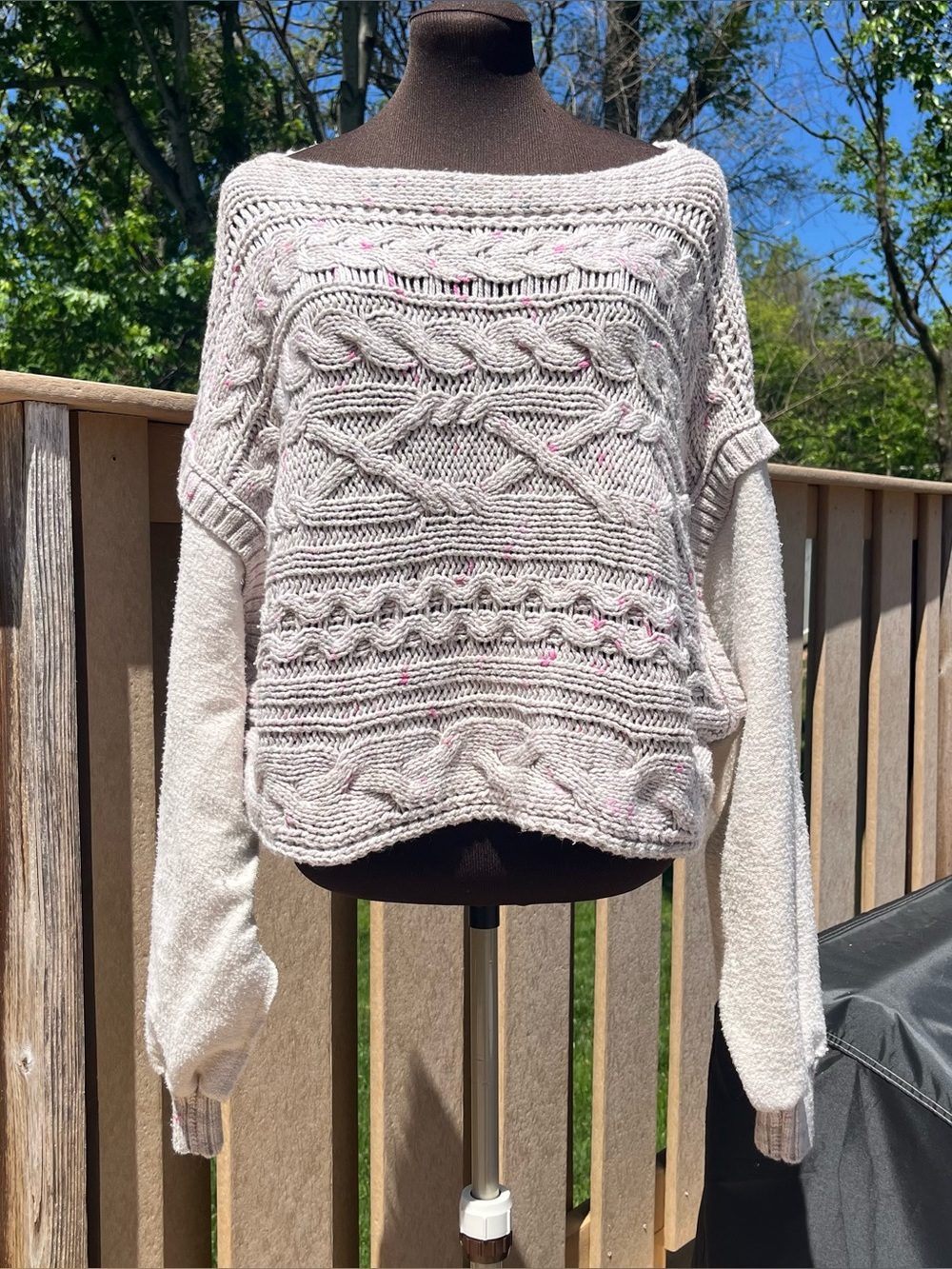 Free People Honey Cable Pullover Sweater Sz M Boxy Cropped Oversized Shell White